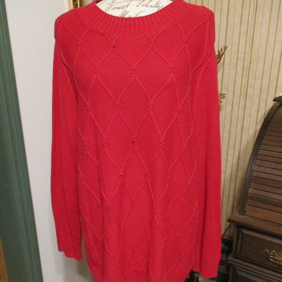 Karen Scott Red Cable Beaded Diamond Knit Pattern Pullover Sweater Sz. XL - Picture 1 of 5